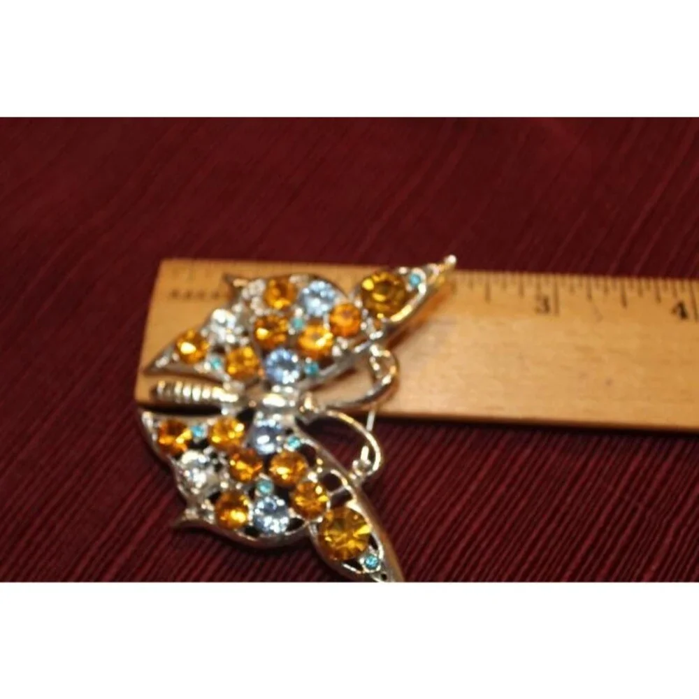 Vintage White Blue and Amber Rhinestone Butterfly Silver Color Brooch/Pin